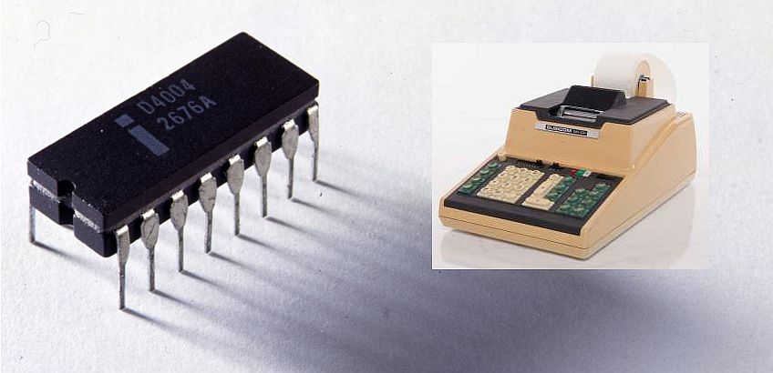 המעבד בשבב המיתכנת הראשון בעולם, Intel 4004 (משמאל) לצד מכונת החישוב השולחנית שעבורה הוא תוכנן